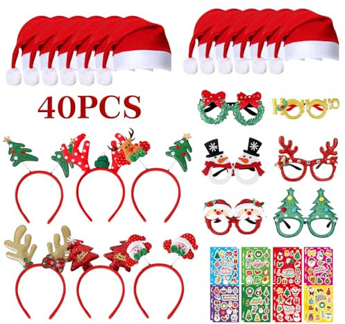 TOSUTO 40 Stück Weihnachts Accessoires,Weihnachts Party Brillen und Weihnachtsmann Mütze Set,Weihnachten Haarschmuck,Weihnachtsassesoires Geeignet für Erwachsene und Weihnachten kinder Weihnachtsfeier