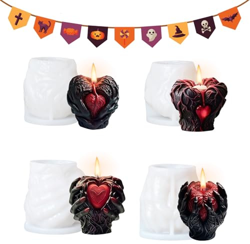Halloween Kerzenformen Silikon, 3D Hände Halten Herzform, Silikonformen Gießform, Halloween DIY Silikonform, Kerzen Silikonformen zum Gießen für Halloween (4 Stück)