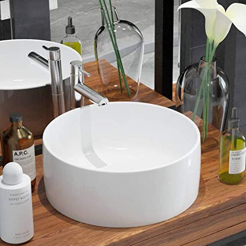 JUDYY Lavabo, Lavabo sobre Encimera, Lavabo Baño, Muebles De Baño, Mueble Lavabo, Redondo de cerámica Blanco 40x15 cm
