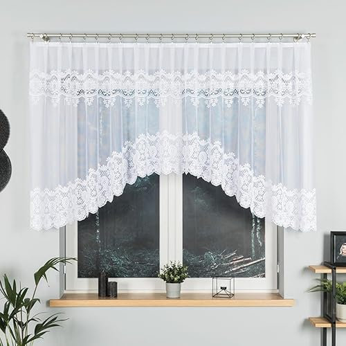 Gardinen Vorhangen Weiß 300x150 cm (BxH) Libretto Stores Gardinen Kurz Jacquard Scheibengardine Wohnzimmer Vorhänge Fertiggardine Küchengardinen Bogen Kurzstores