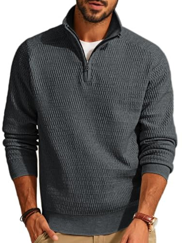 PJ PAUL JONES Pullover Herren Troyer Strickpullover mit Reissverschluss Winter Pullover Stehkragen Dunkelgrau L