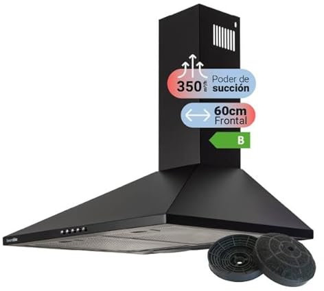 UNIVERSALBLUE Campana Extractora Piramidal Negra 60 cm | Extractor Aire y Humi para Cocina 350 m³/h | Luz Led + FIltros de Carbono | Clase B
