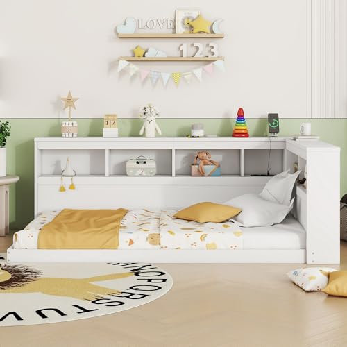 WIZBED Funktionsbett | Stauraumbett | Kinderbett mit USB, Steckdose und Bücherregal, Schlafsofa Plattformbett mit Regal, für Kinder, Jungendliche,Weiß 90x200cm