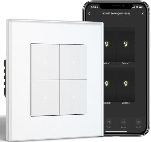 BSEED Smart Interruptor Empotrado de Cristal 4 Gang 1 vía, Interruptor de Botón WiFi Compatible con Alexa/Google Home, Interruptor de Pared Funciona con APP Smart Life/Tuya, Blanco