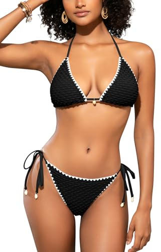SHEKINI Women Triangle Bikini Sets 2 Pieces Halter Neck Swimming Costume | Low Waisted, Tie Sides Bottom, Sexy Tanga Swimsuits, Brazilian Cut