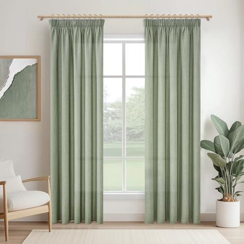 MRTREES Vorhang mit Kräuselband Salbeigrün Leinenoptik Halbtransparent für Kinderzimmer, Gardinen Leinen 245 cm Lang 140 cm Breit für Wohnzimmer Schlafzimmer 2er Set, Curtains Living Room