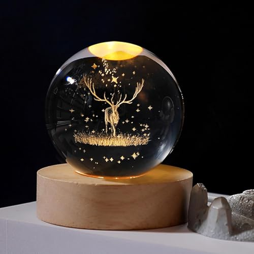 RZXBB 3D Kristallkugel Nachtlicht,Weihnachtsdeko Glaskugel Lampe,LED Engel Leuchtende Kristallkugel Nachtlicht Mit Holzsockel,Gravierte Kristallkugel Nachtlicht für Geschenk Dekoration (F)