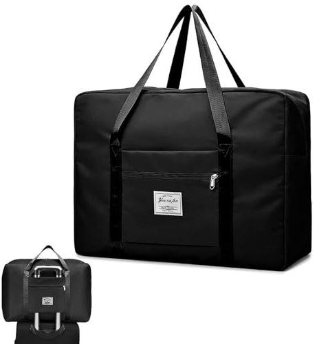 Faltbare Reisetasche, Handgepäck Tasche Leicht, Handgepäck Tasche für Flugzeug, Sporttasche, Weekendertasche, für Urlaub, Einkaufen, Reisen und das Fitnessstudio, Schwarz