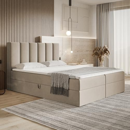 MOTIVENA Santiago Boxspringbett 180x200 mit Bettkasten und Topper, Polsterbett 180x200 mit Bettkasten, Taschenfederkern-Matratze (H3), T28 Komfortschaumstoff Topper (H3), Samt, Beige (Dunkelbeige)