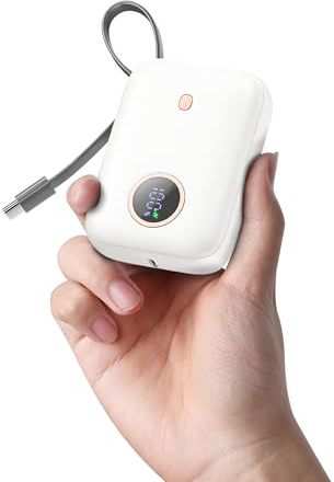 banca di potere 10000 Power Bank 10000mAh 22.5W, Mini Caricatore Portatile con Ricarica Rapida, Batteria Portatile con Display LED e Cavo USB-C Integrato, Bianco Ottico