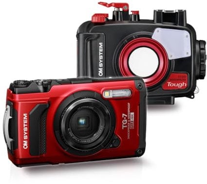 Olympus Tough TG-7 12 MP Digital Camera with F2.0 Lens and TruePic VIII Image Processor (Red) Bundle with Underwater Camera Housing for TG-6 and TG-7 Cameras (Red and Black) (2 Items)