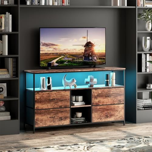 BestAlice Vintage TV-Schrank mit LED-Beleuchtung, Schrank mit 4 Schubladen und 3 Regalen, Eisenrahmen und TV-Schrank mit Spanplatten, höhenverstellbare Beine, Multimedia-TV-Möbel (137 cm-A)