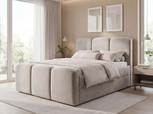 GRAINGOLD Campi Bett 140x200, Boxspringbett mit Bettkasten, Polsterbett mit Bonell-Matratze, Samt Stoff, mit Topper, mit Kopfteil (Grau, 140x200)