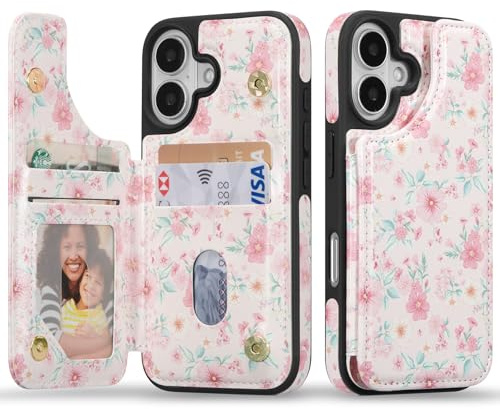 ZCDAYE for iPhone 16 Plus Case Wallet Phone Case, Pink Flower | Leather Flip Case with Card Holder, Practical Functional Card Case, Aesthetic Cute Printed Protective Cases for Women Girls
