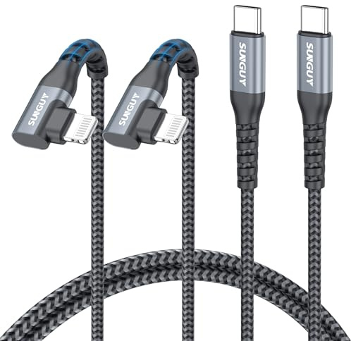 SUNGUY Cable iPhone USB C Coudé 90 Degrés 1M 2 pièces, Cable USB C vers Lightning Chargeur Rapide Power Tressé Compatible avec iPhone 14/13/12/11 Pro Max Mini X XS XR Plus SE