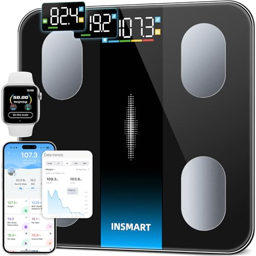 INSMART Intelligente Waage für Körpergewicht und Fettanteil, Bluetooth Genaue Waage mit großem Display, 16 Körperzusammensetzung Wiegen Badezimmerwaage Sync mit App - Schwarz