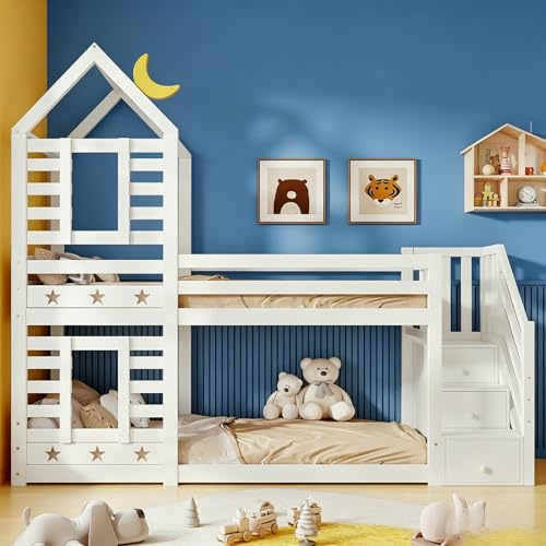 Su & Chan Legence Bunk Beds for Kids, House Bed with Storage Stairs and Decorative Windows, Kids Bunk Beds with Wooden Slatted Frame, Treehouse Design, No Mattress, 190 x 90cm, White