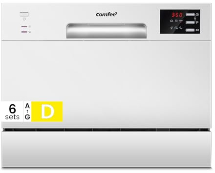 COMFEE' Table Top Dishwasher, 6 Place Settings, White | Auto Door Open Dry, LED Display, Delay Start & 47dB Quiet Noise – Energy Class D, Compact For Small UK Families