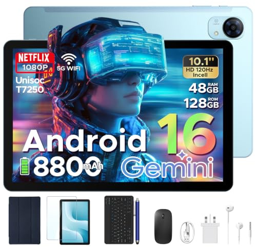 Easerush P10 Pro 10 Inch Tablet, Android 16 Tablet, 120Hz 48GB RAM+128GB ROM/TF 2TB, T7250 Octa-Core, 8800mAh Battery, Widevine L1, Gemini AI, 13MP+5MP, Tablet with Keyboard/Pen/Mouse Earphone, Blue