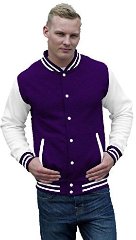 Felpa College Uomo Giacca Baseball AWDis Varsity Jacket Maniche A Contrasto, Colore: Viola Bianco, Taglia: L