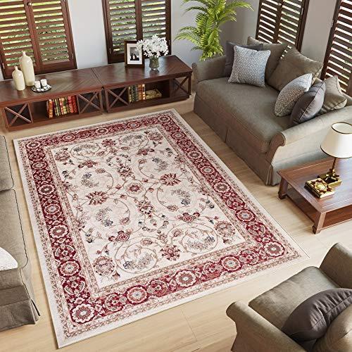 TAPISO Colorado Teppich Kurzflor Creme Weiß Rot Floral 300 x 400 cm | strapzierfähiger Teppich Wohnzimmer Klassisch Orientalisch Ornament Muster Orientteppich OEKO-TEX