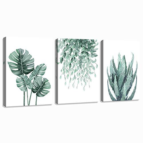 Grüne Leinwand Wandkunst für Wohnzimmer Schlafzimmer, Monstera flaches grünes Blatt tropische Sukkulente Pflanze Bild Drucke, modern gerahmt, minimalistische Wasserfarbe, 3-teiliges Set 30,5 x 40,6 cm