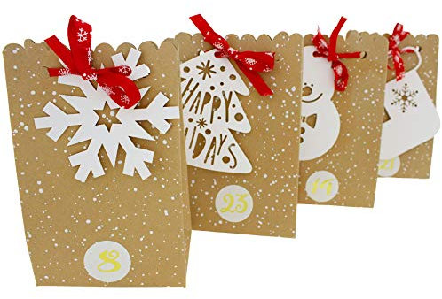 Adventskalender zum Befüllen aus Papiertüten und Papierhäusern - Adventstüten - Geschenktüten Weihnachten - Papiertüten Farbe Weiße Motivanhänger