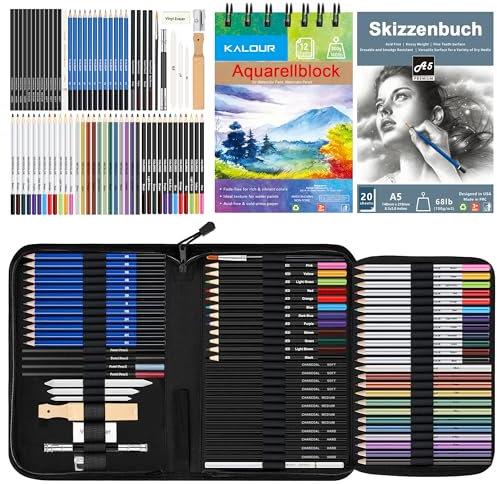 KALOUR 76-teiliges Zeichen- und Skizzierkit-Set: Künstlerbedarf mit Skizzenbuch, Aquarellpapier, Anleitung, Buntstiften, Aquarellfarben, Graphit-, Pastell- und Kohlebleistiften für Künstler,Anfänger