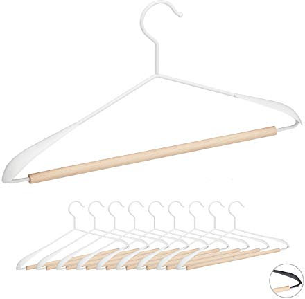Relaxdays Kleiderbügel 10er Set, Anzugbügel mit Hosensteg, T-Shirts, Jacken & Hosen, Holz & Metall, 43 cm breit, weiß