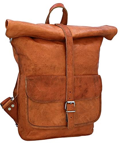 Gusti Rucksack Leder - Roven Damen und Herren Rollrucksack Lederrucsack Wasserdicht Cityrucksack Fahrradrucksack Braun Leder 11 L