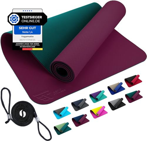 REFIT TPE Sportmatte Fitnessmatte 190 x 60 x 0,6 cm Aubergine Moosgrün rutschfeste Gym Matte Mat für Yoga Fitness Pilates Gymnastik Sport Yogamatte Gymnastikmatte Turnmatte Exercise Violett Grün Green