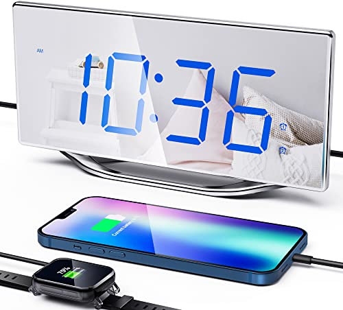 ROCAM Digital Alarm Clock for Bedroom/Office, 8.7 Large LED Mirror Desk Clock for Make-up, Simple Loud Alarm Clock for Teenagers, Dimmable, 7 Levels Brightness & Volume