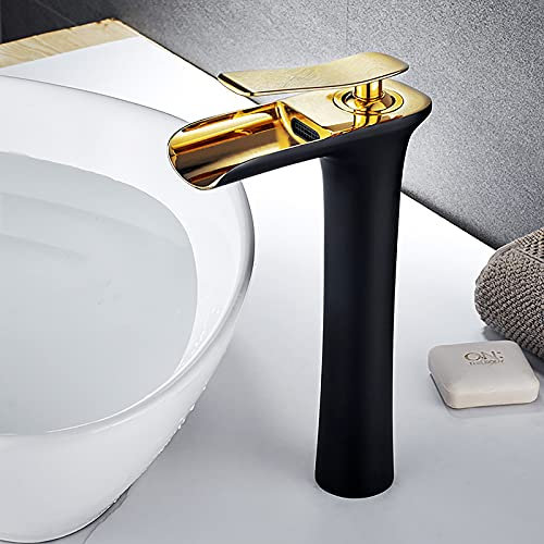 CDZHLTG Wasserfall Wasserhahn Bad Hohe Körper 230mm Wasserhahn Waschbecken für Badezimmer, Waschtischarmatur Schwarz/Gold Bad Messing Waschbecken Mischbatterie Bad Waschtisch-Einhebelmischer