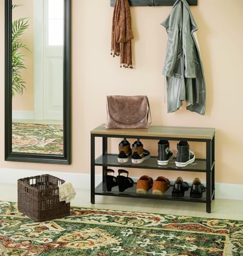 Hallowood Furniture Malvern 2-Tier Metal Shoe Bench Rack with Wooden Seat, A Modern Hallway Shoe Storage Bench, Industrial Style Narrow Entryway Storage Organiser for 6 Pairs of Shoes