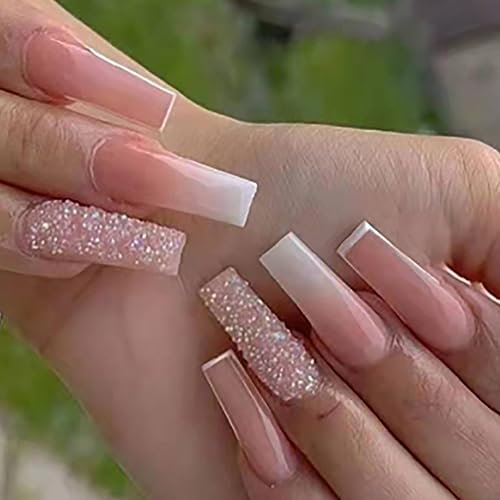 Brishow Faux ongles longs rose paillettes presse sur ongles ballerine acrylique bâton sur ongles 24 pièces pour femmes et filles