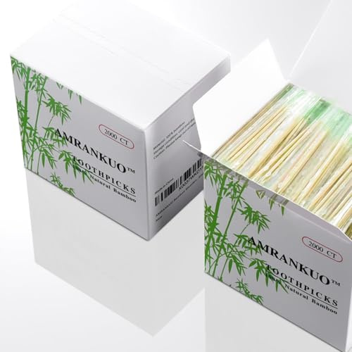 Palillos de dientes de madera de bambú con paquete envuelto individualmente, 2000 palillos de dientes redondos | Bueno para aperitivos pequeños, fiestas, limpieza de dientes, púas de cóctel,