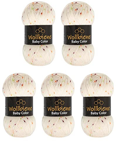 Wollbiene Happy Baby Color Multicolor Wolle 5x100g Strickwolle 500 Gramm Wolle zum Stricken und Häkeln Babywolle Tweed Punkte (13 natur aubergine orange grün)