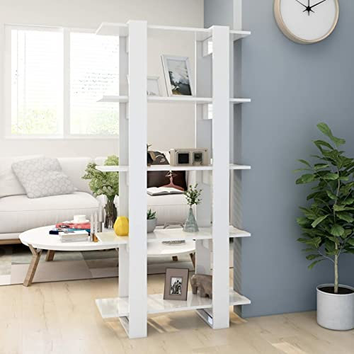Mogou Bücherregal/Raumteiler, Bookshelf, Regalbrett, Book Shelf, Bücher Regal, Deko Regal Wohnzimmer, Standregal, Hochglanz-Weiß 80x30x160 cm