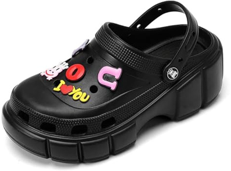 Sunporx Plattform Träskor för kvinnor klassisk trädgård slip-on sandaler dam hög tjock sula clog, Svart, 40 EU