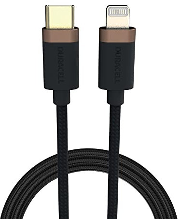 Duracell 1m Black USB-C to Lightning Toughened Braided Cable - MFI Certified Charger Cable