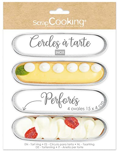 ScrapCooking - 4 Cercles à Tartelettes Perforés Ovales - Cadres à Tartes Individuels 15 x 4 cm - Moules Cadres Pâtissiers Inox - Cuisson Uniforme - Accessoires Pâtisserie Gâteau Dessert - 1325