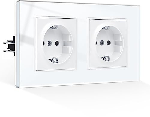 CNBINGO Doppelsteckdose Unterputz mit Krallen, Schuko Steckdose Gehärteter Glasscheibe, Weiß Schutzkontakt Wandsteckdose, 2-Fach, 16Amp, 250V
