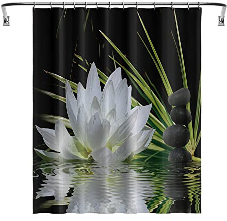 YUYASM Lotus-Duschvorhang, Stoff, weiße Lotusblume, schwarze Zen-Steine, Seerose, Blumen, Pflanzendekoration, Badezimmer, Badevorhänge, 178 x 178 cm