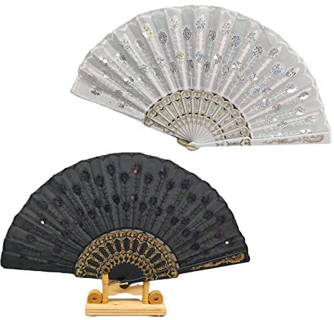 qiangXINGYai 2 Stück Pfau Muster Pailletten Stoff Handfächer Schwarz und Weiß Spitze Faltfächer Spitze Hand Fächer für DIY Partys Hochzeit Dekoration