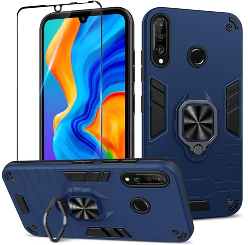 Btstring Funda para Huawei P30 Lite con Cristal Templado Protector Pantalla, Carcasa Antigolpes con Soporte anular metálico, Case Protectora de Grado Militar, Azul
