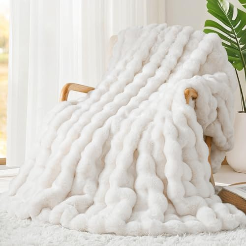Touchat Luxury 1000GSM Faux Rabbit Fur Throw Blanket, Super Heavy Warm Cozy Blankets for Couch Bed Sofa, Bubble Plush Fuzzy Elegant Soft Mink Blanket for Mom Living Room Bedroom, Cream White