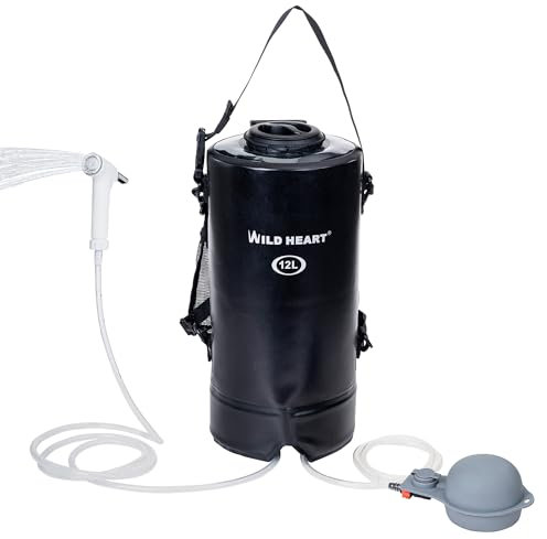 WILD HEART Douche de Camping Améliorée, Sac de Douche de Camping Portable à Pression 12 L/ 3 Gallons avec Couvercle à vis, Pompe à Pied à Pression et Buse de Douche pour Plage (Noir)