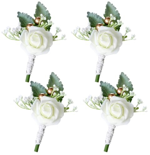 ANBOO 4 Pcs Button Holes Flowers Wedding, Handmade Rose Wedding Boutonniere Set, White Artificial Corsage Flowers for Groom Men Bridal Women Wedding Prom Banquet