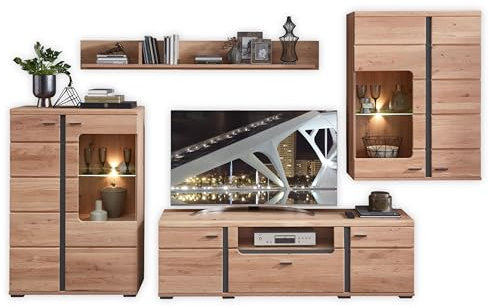 Wohnwand Komplett-Set in Altesche massiv, Old Artisan Oak Optik FSC-zertifiziert - Moderne Schrankwand mit LED-Beleuchtung für Ihr Wohnzimmer - 333 x 203 x 43 cm (B/H/T)
