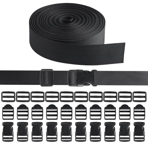 Trukafie Gurtband 5M mit 10 Paare Schnallen, 25mm Schweres Nylon Gurtband und Side Release Schnallen Clips Gurtbänder für DIY Handwerk Rucksack Umreifung Tasche Gepäck Befestigung Gurt